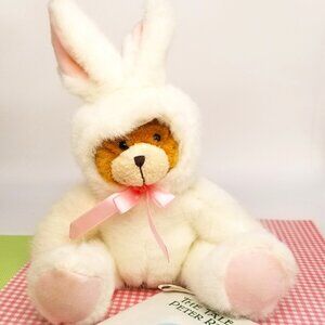 TEDDY BEAR DRESSED IN WHITE BUNNY SUIT, 11” TALL, VINTAGE LIKE NEW